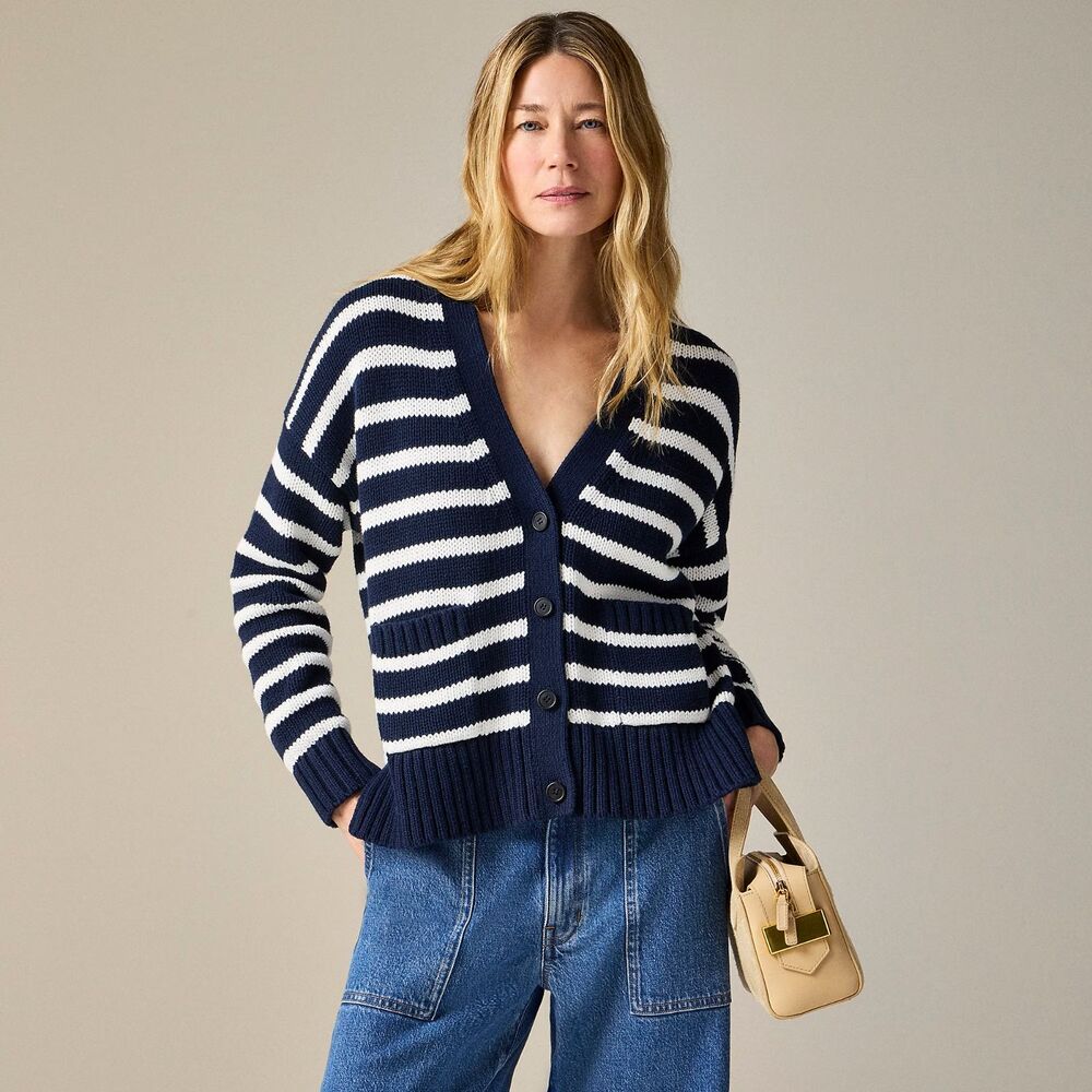 NWT J CREW Heritage cotton relaxed cardigan in stripe in Navy/Ivory size M